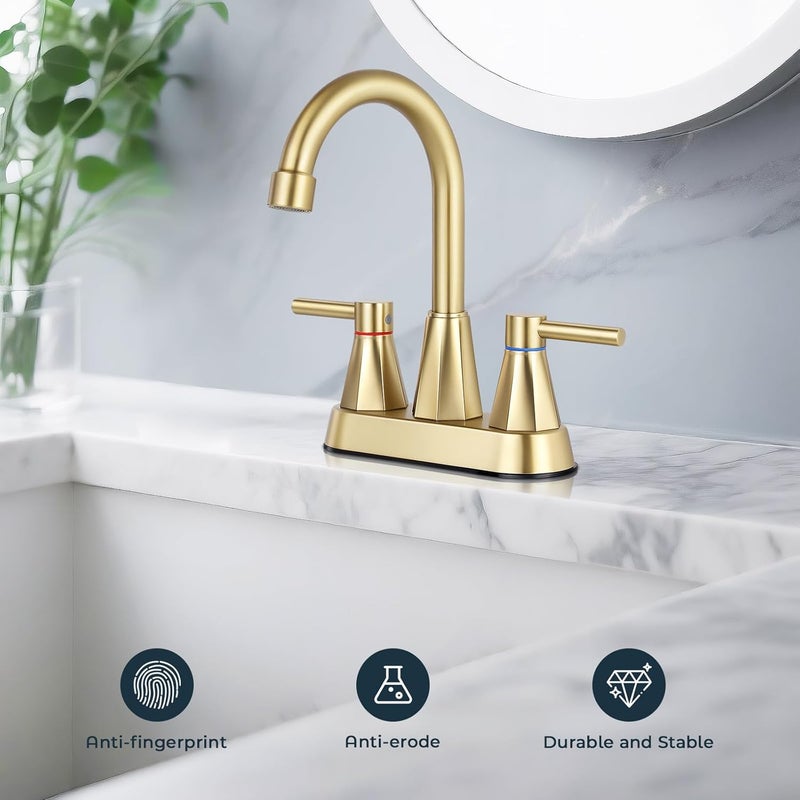 KHQF 4 inches Bathroom Faucet for 3 Hole,2-Handle Bathroom Sink Faucets with Pop Up Drain (Brush Gold) - Image 2